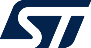 "STMicroelectronics logo, a stylized 'ST' in dark blue with a transparent background, representing the semiconductor manufacturer known for its innovative technologies in electronics and industrial markets."