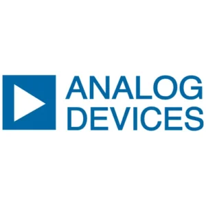 "Analog Devices logo featuring a blue play button icon and bold blue text."